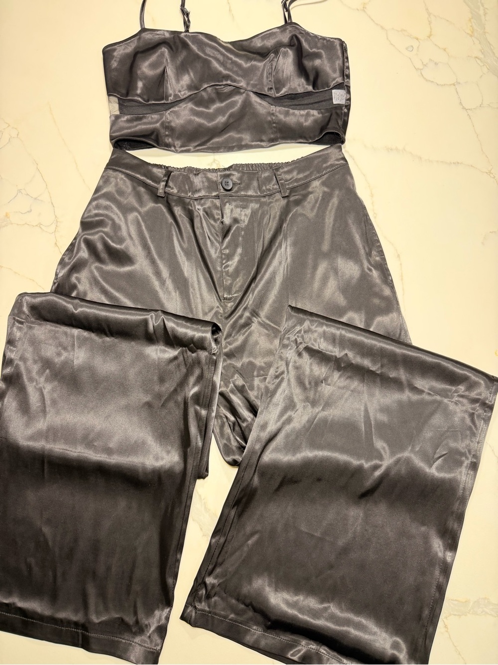 Hot & Delicious Women's Satin Wide-Leg Pants in Charcoal Gray